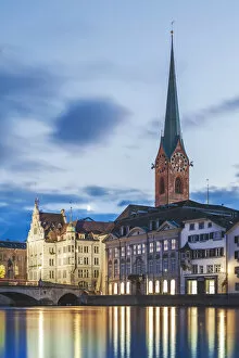 Images Dated 10th September 2020: Europe, Switzerland, Zurich, night time view of the clocktower of Fraumunster cathedral
