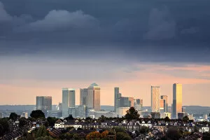 Europe, UK, England, London, docklands, skyline view of downtown London showing suburban