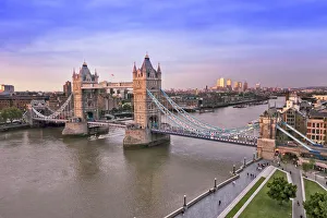 Europe, United Kingdom, England, London, Tower Bridge and the Thames with Canary Wharf