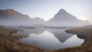 Serene Landscape Prints: Evening mist shrouds Buachaille Etive Beag mountain on Rannoch Moor, Highland, Scotland