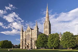 Evening sunshine glows on the ornate facade of Salisbury Cathedral, Wiltshire, England