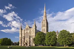 Wiltshire Prints: Evening sunshine glows on the ornate facade of Salisbury Cathedral, Wiltshire, England