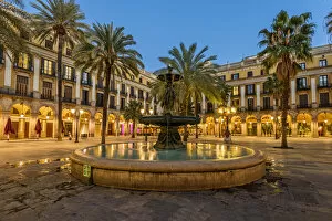 Evening view of Plaza Real or Placa Reial, Barcelona, Catalonia, Spain