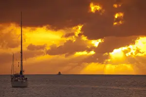 Boating Prints: Exhumas, Bahamas. Sailboats at anchor in the Caribbean against a dramatic sky