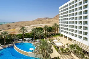 View From Above Prints: Exterior of hotel with swimming pool and palm trees, Ein Bokek, Southern District, Israel