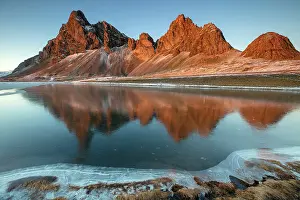 Southeast Iceland Prints: Eystrahorn bathed in evening light and reflecting in a nearby lake