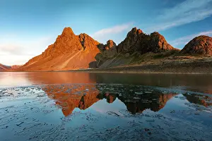 Icelandic Prints: Eystrahorn bathed in morning light and reflecting in a nearby lake