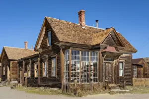 Facade of abandoned wooden deserted buildings in Bodie ghost town, Mono County