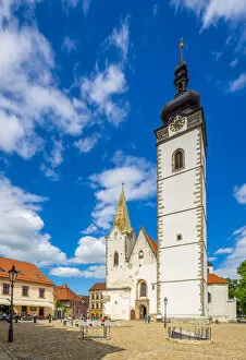 Facade of Church of the Nativity of the Blessed Virgin Mary on sunny day, Pisek, South Bohemian Region, Czech Republic