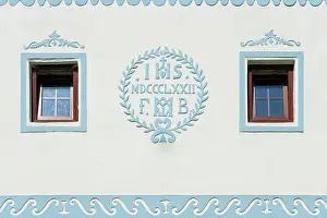 Ceska Republika Prints: Detail of facade of historical house at Holasovice Historal Village Reservation
