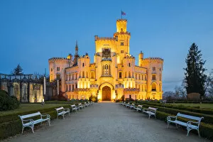 Images Dated 10th March 2022: Facade of The State Chateau of Hluboka at twilight, Hluboka nad Vltavou, South Bohemian Region