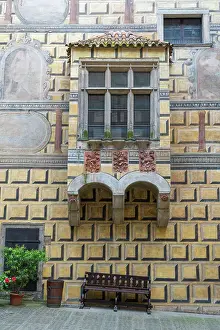 Detail of facade and window at premises of Cesky Krumlov Castle and Chateau, Cesky Krumlov, South Bohemian Region, Czech Republic