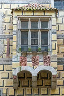Detail of facade and window at premises of Cesky Krumlov Castle and Chateau, Cesky Krumlov, South Bohemian Region, Czech Republic