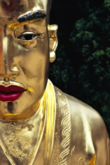 Guilded Prints: Face of a golden Buddha statue - one among many