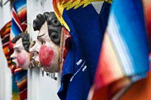 Images Dated 7th July 2008: Face masks & textiles, Taxco, Guerrero State, Mexico
