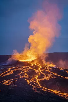 Images Dated 22nd February 2022: Fagradalsfjall volcano eruption at twilight, Geldingadalir, Reykjanes Peninsula, Iceland