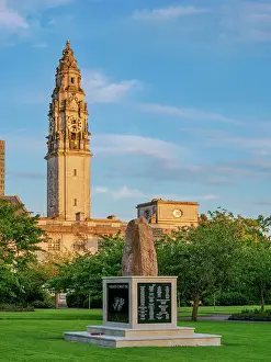 Cardiff Prints: Falkland Islands War Memorial at Alexandra Gardens and City Hall at sunset