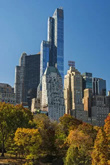 Fall foliage at Central Park with skyscrapers behind, Manhattan, New York, USA