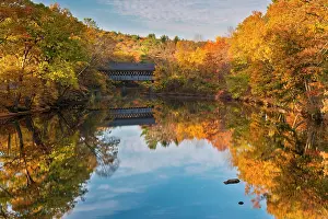 Timber Prints: Fall foliage on Contoocook River with Henniker Covered Bridge