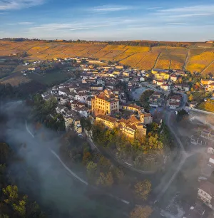Roof Prints: Falletti Castle and Barolo at sunrise during autumn, Cuneo, Langhe e Roero, Piedmont