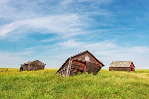 Abandoned Prints: Falling wooden farm buildings and clouds, Champion, Alberta, Canada