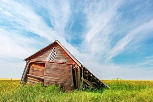 Abandoned Prints: Falling wooden farm buildings and clouds, Champion, Alberta, Canada