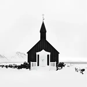 B And W Prints: The famous black church at Budir, Snaefellsnes Peninsula, West Iceland