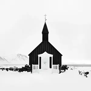 Budir Prints: The famous black wooden church at Budir in winter, Snaefellsnes Peninsula, West Iceland