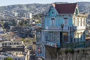 Coastal City Prints: Famous blue Casa Cuatro Vientos restaurant at Paseo 21 de Mayo, UNESCO, Valparaiso