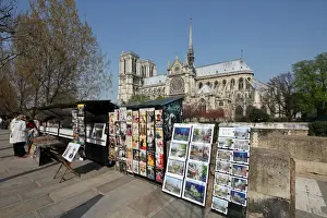 The famous cathedral of Notre Dame in Paris with the Bouquinistes in the foreground