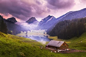 Smoking Prints: Farm with Samtisersee during pink sunrise, Canton of Appenzell, Alpstein, Switzerland
