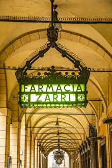 Images Dated 3rd June 2019: Farmacia Zarri sign, Covered passageway / Portico, Bologna, Emilia-Romagna, Italy