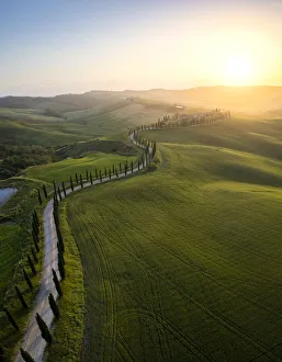 farmhouse Baccoleno at sunset. Asciano, Siena province, Tuscany, Italy