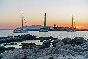 Horizon Prints: Favignana, Sicily, Italy. Sailboats and lighthouse at sunset