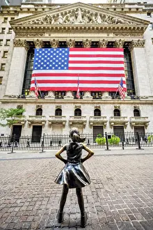 City Center Prints: Fearless Girl'bronze sculpture by artist Kristen Visbal across from the New York Stock Exchange Building