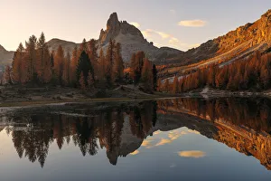 Larix Prints: Federa lake in autumn surrounded by larches at sunrise, Dolomites, Italy