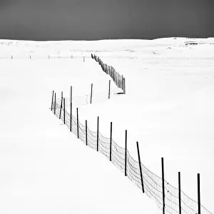 Abstract Prints: Fence zig-zagging across snowy winter landscape, South Iceland