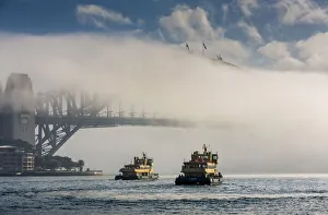 Sydney Prints: Ferries and Sydney Harbour Bridge in fog, Sydney, New South Wales, Australia