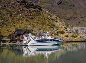 Ferry boat on Lake Pehoe, Pudeto, Torres del Paine National Park, Patagonia, Chile