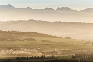 Tatra Prints: Field patterns wiht the Tatra mountains in the distance, Poland