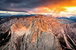 Trentino Prints: Fiery sky at dawn over Rifugio Passo Santner hut