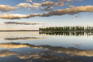Fir Trees Prints: Fir trees and clouds reflecting on the suface of Hovsgol Lake at sunset. Hovsgol province