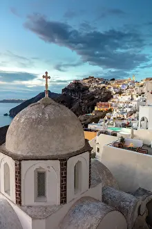 Foreground Prints: Fira at dusk, with an old domed church in the foreground