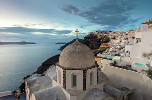 Foreground Prints: Fira at dusk, with an old domed church in the foreground