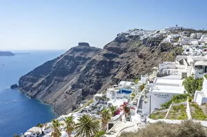 Fira, Santorini, Cyclades Islands, Greece. Stairs and terraces over the blue aegean sea