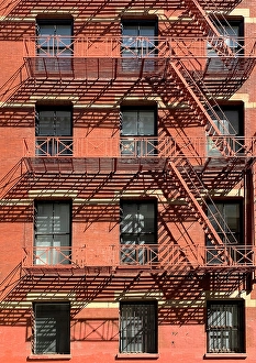 Red Brick Building Prints: Fire escape on red brick building, Soho, Manhattan, New York City, New York, USA