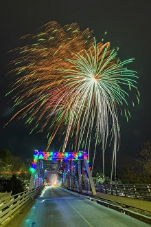City Centre Prints: Fireworks over the Bridge to celebrate Fire and Ice weekend. Bracebridge, Ontario, Canada
