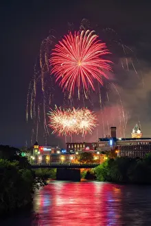 Fireworks Prints: Fireworks celebration over Merrimack River, Manchester, New Hampshire, USA