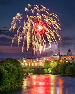 Fireworks Prints: Fireworks over Merrimack River, Manchester, New Hampshire, USA