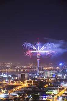 Fireworks Prints: Fireworks on Sky Tower on New Years Eve, Auckland, North Island, New Zealand